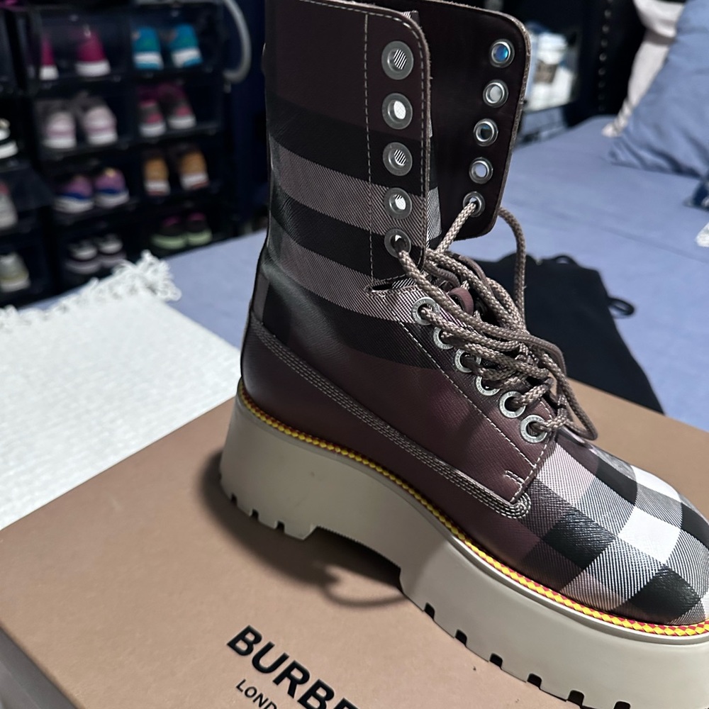 Burberry Mason Check Coated Canvas Platform Combat Boot - Picture 7 of 7